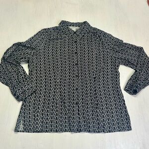 Sag Harbor XL Black White Geometric Chain Print Rayon Button Front Blouse
